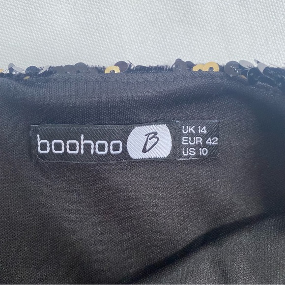 Boohoo Sequin Grid Check Mini Dress Size 10 Black Gold - Picture 3 of 10